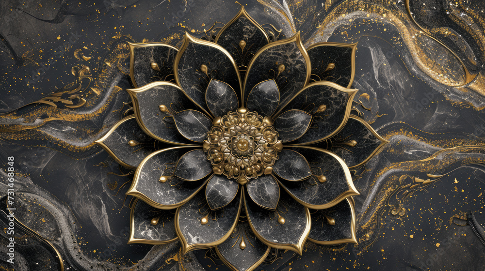 Luxury background 3D wallpaper, luxury ceiling design in teal green and golden color tone, 3D gold frame and marble background mandala design style. Luxury background 3D wallpaper, luxury ceiling design in teal green and golden color tone, 3D gold frame and marble background mandala design style.