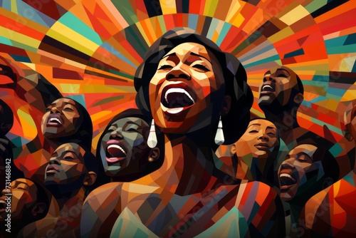 A mosaic of faces and expressions .black singers from a choir, their eyes closed, voices raised in joyous harmony. black history month concept