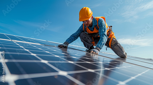 Professional worker installing solar panels on a roof, renewable energy and sustainability concept