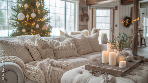 Christmas season living room decor, cozy with white candles. 