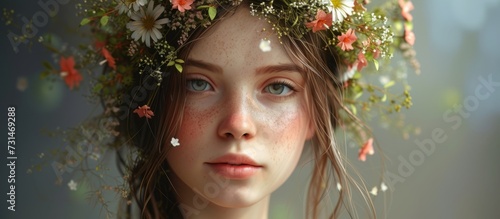 A woman with a flower crown, showcasing her eye and eyelashes, looks happy. The plant, tree, grass, and flowers around add to the fun at this fashion accessory event.