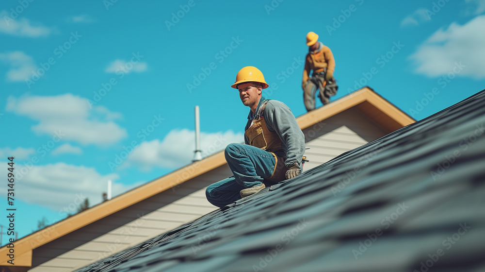 Roofers on top of the house roof repairing leaks after a storm. Shingles style residential structure. Roofers on top of the house roof repairing leaks after a storm. Shingles style residential structure.