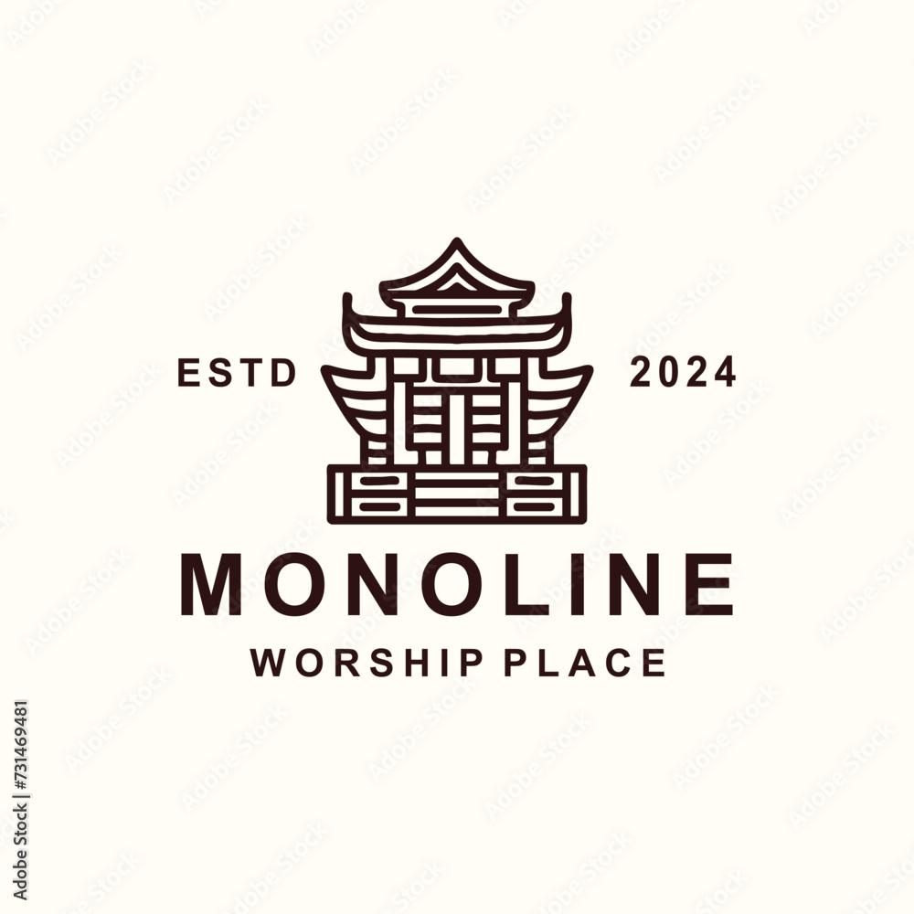 Pagoda Temple Worship Place Monoline Vector Logo Vintage Design illustration