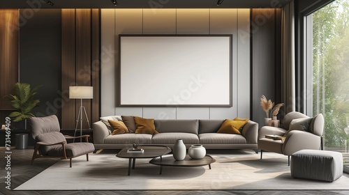 Within a modern living room adorned with contemporary decor, a sleek wall boasts a mockup frame, ready for personalized art or memories.  © Wajid