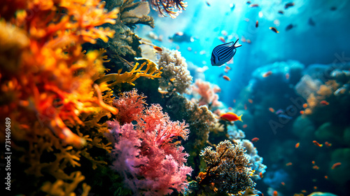 Tropical sea underwater fishes with colorful coral reef. Aquarium oceanarium wildlife colorful marine panorama landscape nature snorkel diving