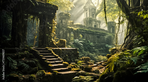 Ancient ruins immersed in lush jungle, remnants of a forgotten c photo