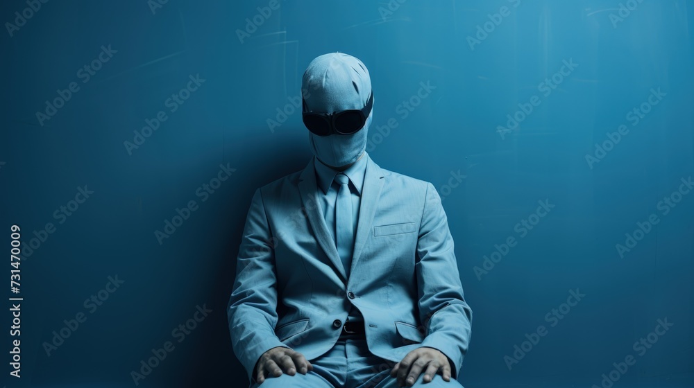 A faceless person in a suit sits against a blue backdrop
