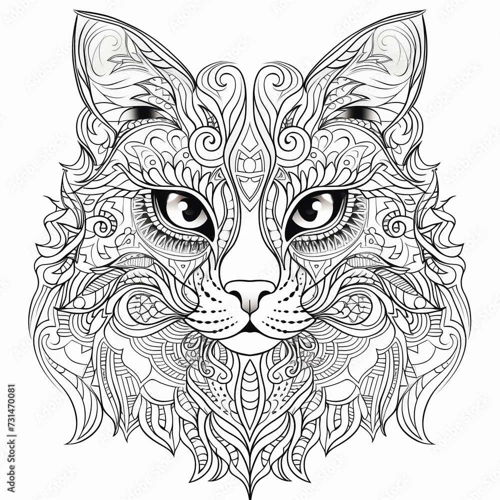 Cat, coloring style, lines, black and white, ethnic style Cat, coloring style, lines, black and white, ethnic style