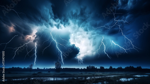 Dramatic lightning storm illuminating the night sky, casting an