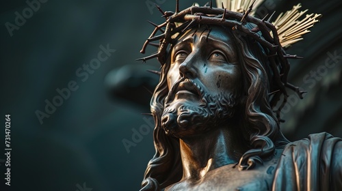 Experience Divine Power! Jesus Christ Statue with Crown of Thorns Against a Mysterious Dark Background. Find Strength and Salvation in His Presence!
