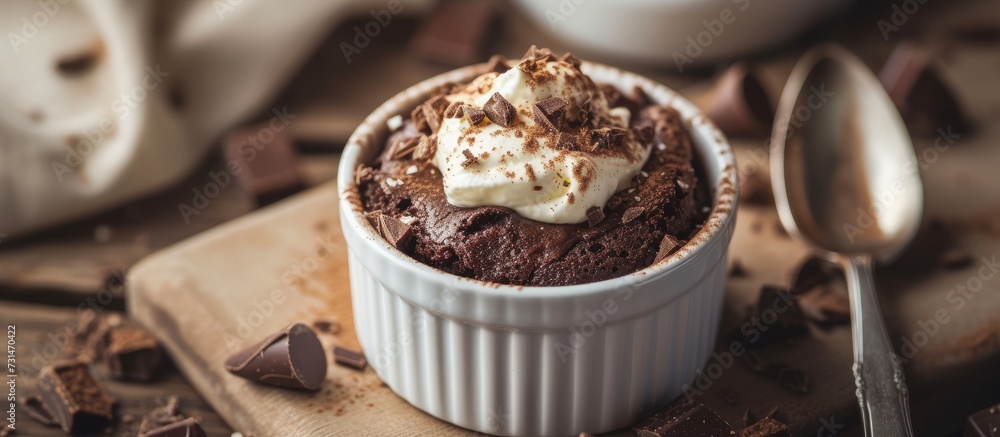 A dessert consisting of a chocolate cake with whipped cream, served in a bowl on a cutting board. A dessert consisting of a chocolate cake with whipped cream, served in a bowl on a cutting board.