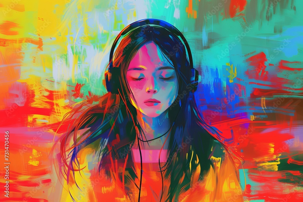 Naklejka premium girl with headphones in a colorful vivid background. An illustration of auditory hallucinations. Mental health concept --no text,no numbers