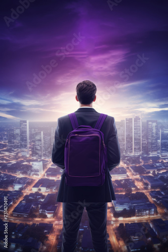 Man With Backpack Observing Cityscape From Above