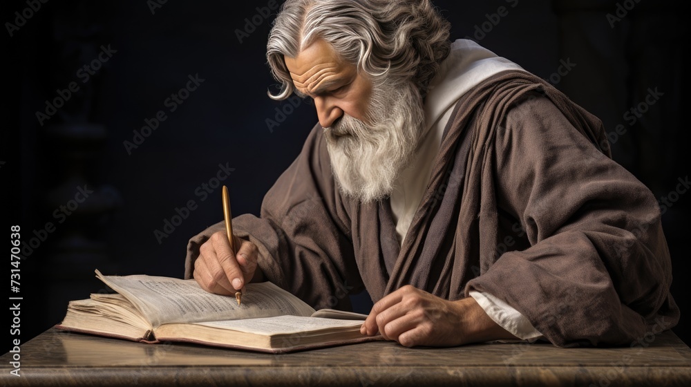 The figure of an elderly man sitting thoughtfully over a book. Greek philosopher. Education and training concept. Illustration for banner, poster, cover, brochure or presentation. - obrazy, fototapety, plakaty 
