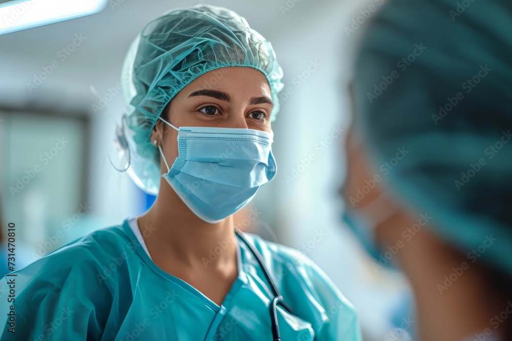 A doctor in a cap and mask talks to nurse against the background of a bright hospital room A doctor in a cap and mask talks to nurse against the background of a bright hospital room