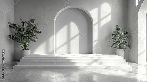 Modern room with white walls, plants and stairs. Created with Ai photo
