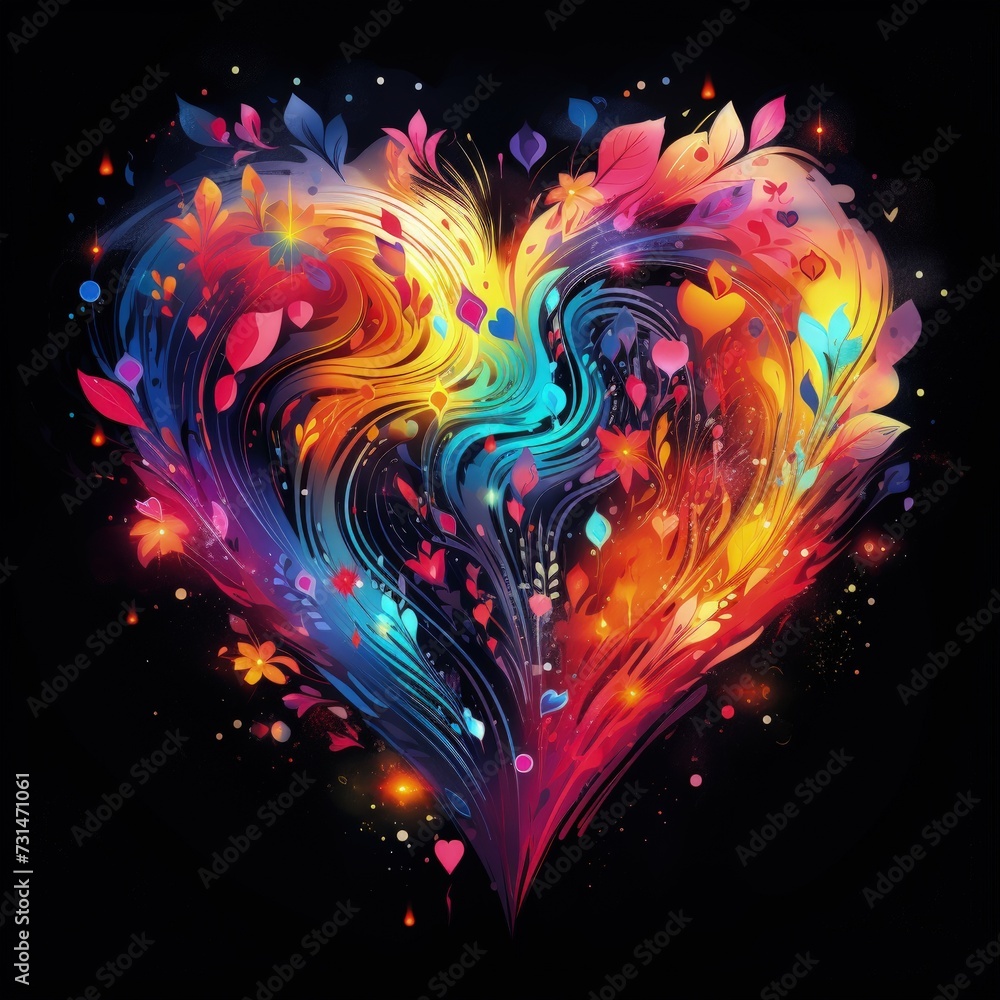 A vibrant digital artwork of a heart made from colorful abstract floral elements against a dark background - obrazy, fototapety, plakaty 