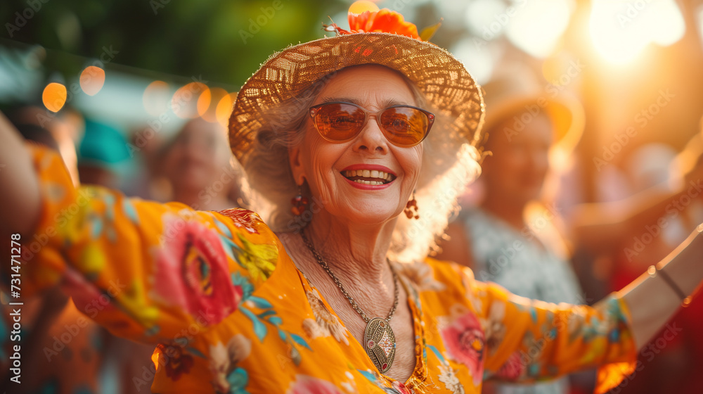 Carefree senior woman dancing to music in the park in retro outfits of many colors.