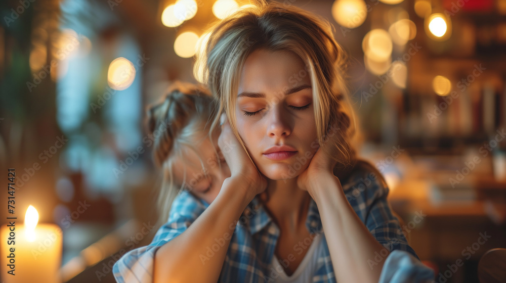 Exhausted mom sleeping while sitting down, daughter on her back. Concept for parenting stress and exhaustion of multitasking single parents. Exhausted mom sleeping while sitting down, daughter on her back. Concept for parenting stress and exhaustion of multitasking single parents.