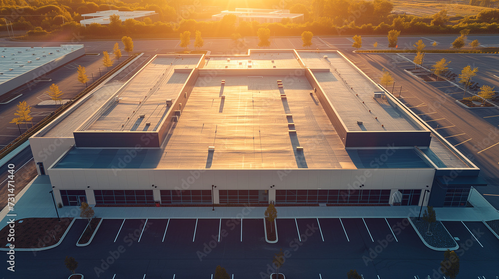 Obraz premium Sunset Over Commercial Building, Aerial View of New Construction with Flat Roof, Empty Parking Lot in Evening Light, Modern Business Park Architecture, Real Estate Development at Dusk