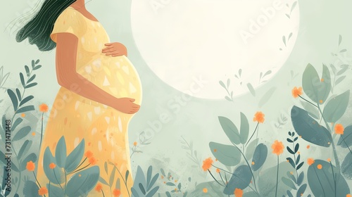 Illustration of a pregnant woman who strokes her pregnant belly with love, tenderness, and care with flowers. Happy pregnancy, expecting a baby, childbirth and a new life photo