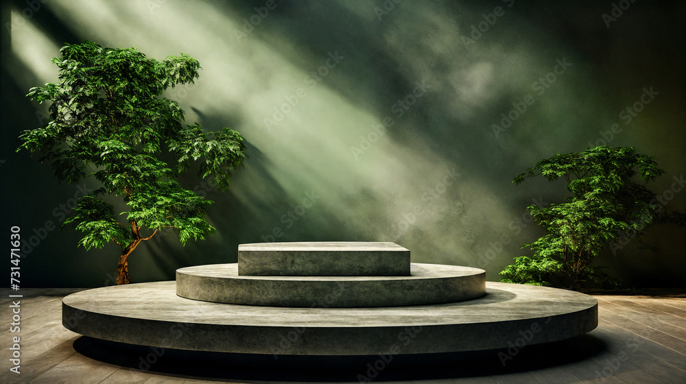 3d render of podium or pedestal on green background with palm leaves. AI Generative