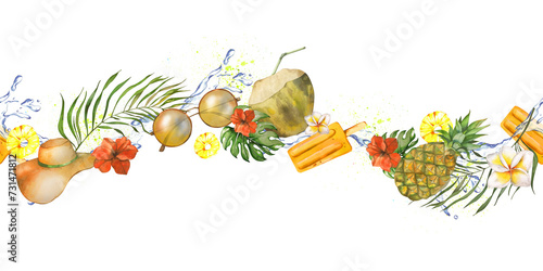 Fototapeta Naklejka Na Ścianę i Meble -  watercolor seamless banner of summer objects: hat sunglasses ice cream tropical flowers palm leaves pineapple cocktail on the background of splashes. for the design postcard menu of summer accessories