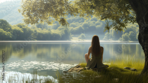 woman enjoys a tranquil moment by a serene lake surrounded by lush green hills and trees