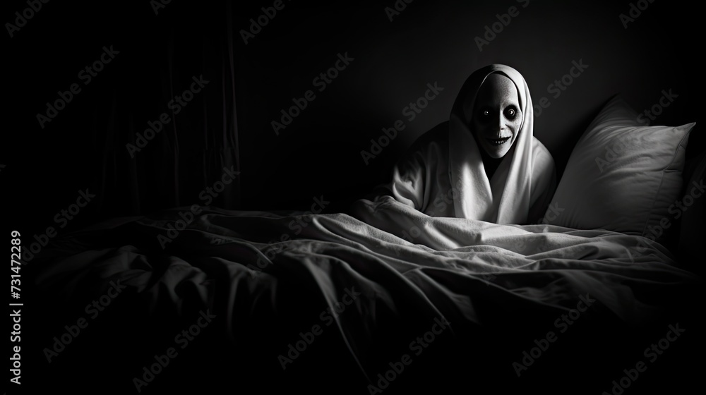 A creepy creature lies in the bed. A horrible scary monster. A creepy creature lies in the bed. A horrible scary monster.
