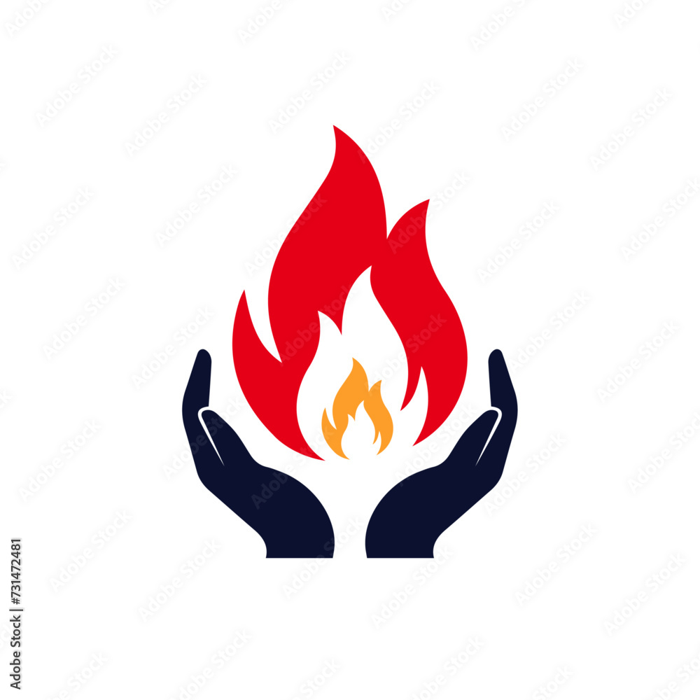 Burn care. Fire on hands. Two hands hold up fire. Fire careful icon design. Burn care. Fire on hands. Two hands hold up fire. Fire careful icon design.