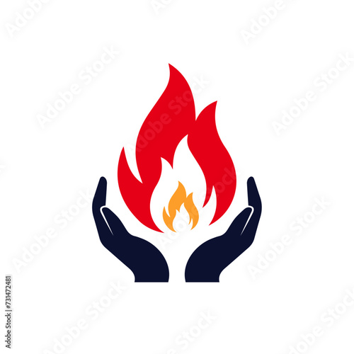 Burn care. Fire on hands. Two hands hold up fire. Fire careful  icon design.