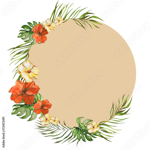 watercolor round frame made of hibiscus flowers and palm branches on beige background. handmade watercolor illustration. isolated on a white background. for the design of postcards summer accessories