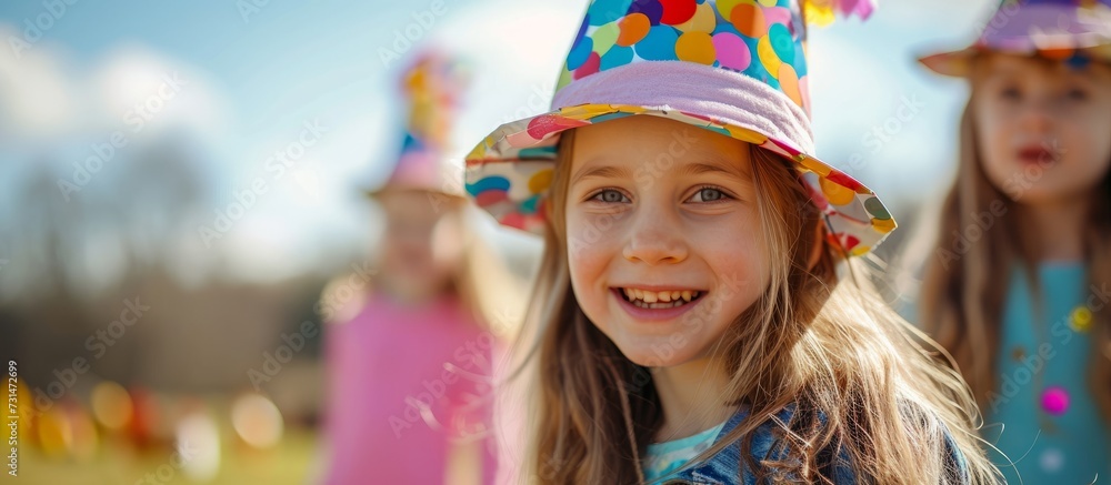Fototapeta premium A happy toddler with a colorful party hat on her head is smiling and enjoying her leisure time.