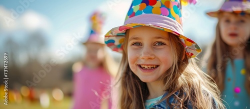 A happy toddler with a colorful party hat on her head is smiling and enjoying her leisure time.