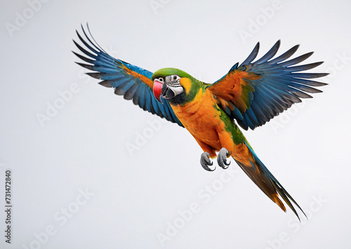 Colorful parrot macaw avian bird with blue, green, and yellow feathers, standing on a bright background