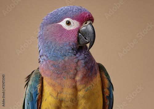 Colorful tropical bird parrot macaw with bright feathers, standing on a pastel background.
