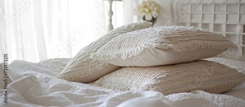 A bed made with white linens and pillows on top, resting on a hardwood flooring with wood as the main ingredient.