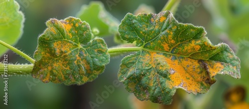 Alcea rosea leaf affected by the pathogenic fungus Puccinia malvacearum, also known as hollyhock rust. photo