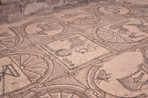 Religious mosaic on the floor of a Byzantine church in the city of Petra, Wadi Musa, Jordan.