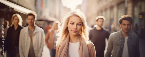  woman is striding forward at crowded urban street filled with people