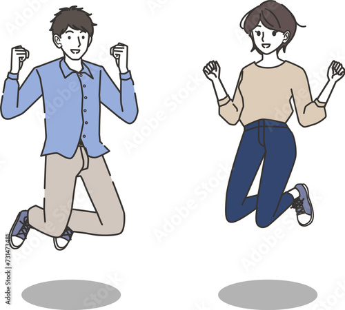 ジャンプする男性と女性