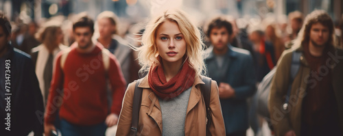 Woman Walking Confidently Through Busy City Street During Rush Hour