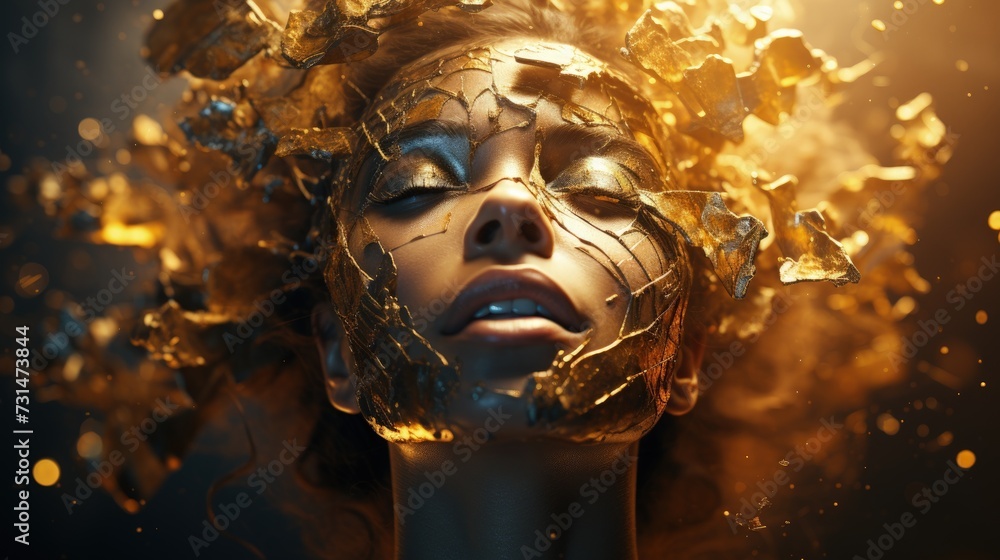 A woman's face is artistically adorned with golden, shattered fragments giving a captivating, ethereal look A woman's face is artistically adorned with golden, shattered fragments giving a captivating, ethereal look
