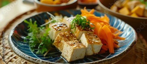 A vegan dish made with tofu and carrots, placed on a table. This comfort food recipe is abundant in nutritious ingredients.