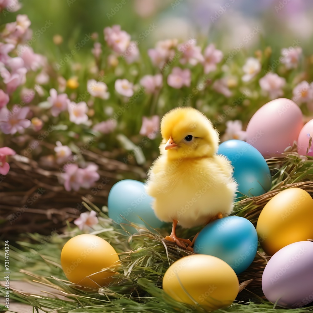 Easter background with chicks, Easter eggs and flower-covered tree branches