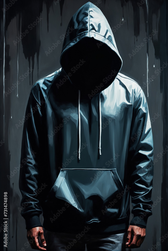 painting of mysterious man in the hood with hidden face at dark background.generative AI