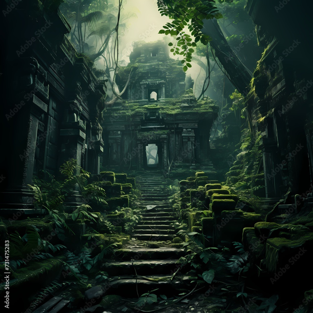 A mysterious ancient temple hidden deep in a lush jungle, surrounded by vines and partially obscured by mist