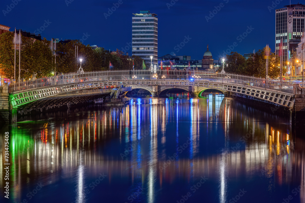 Naklejka premium The Ha'penny Bridge, a Dublin landmark, at night