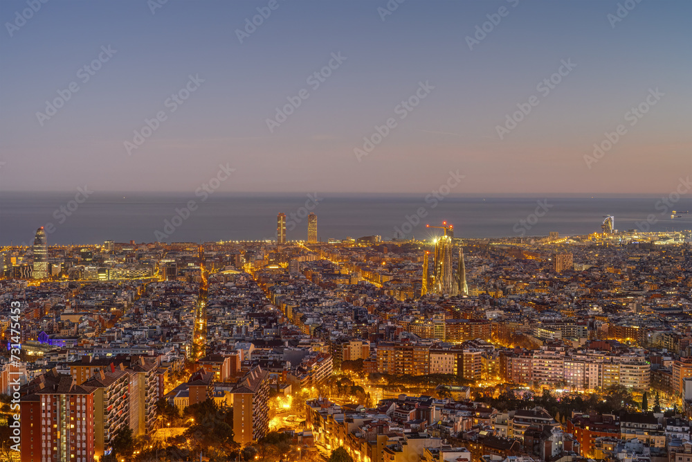 The skyline of Barcelona with the Sagrada Familia and the other iconic Skyscrapers at twilight