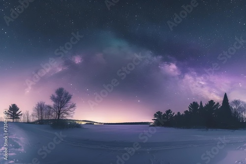 Behold the vibrancy of this stock photo showcasing the Aurora Borealis against a backdrop of galaxies, set amidst a snowy landscape. © JewJew